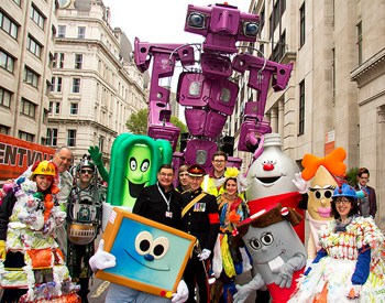     Lewisham's WEEE Man alongside other recycling mascots as part of a walking float in the Lord Mayor's Show. Photo courtesy of Paddy Swift